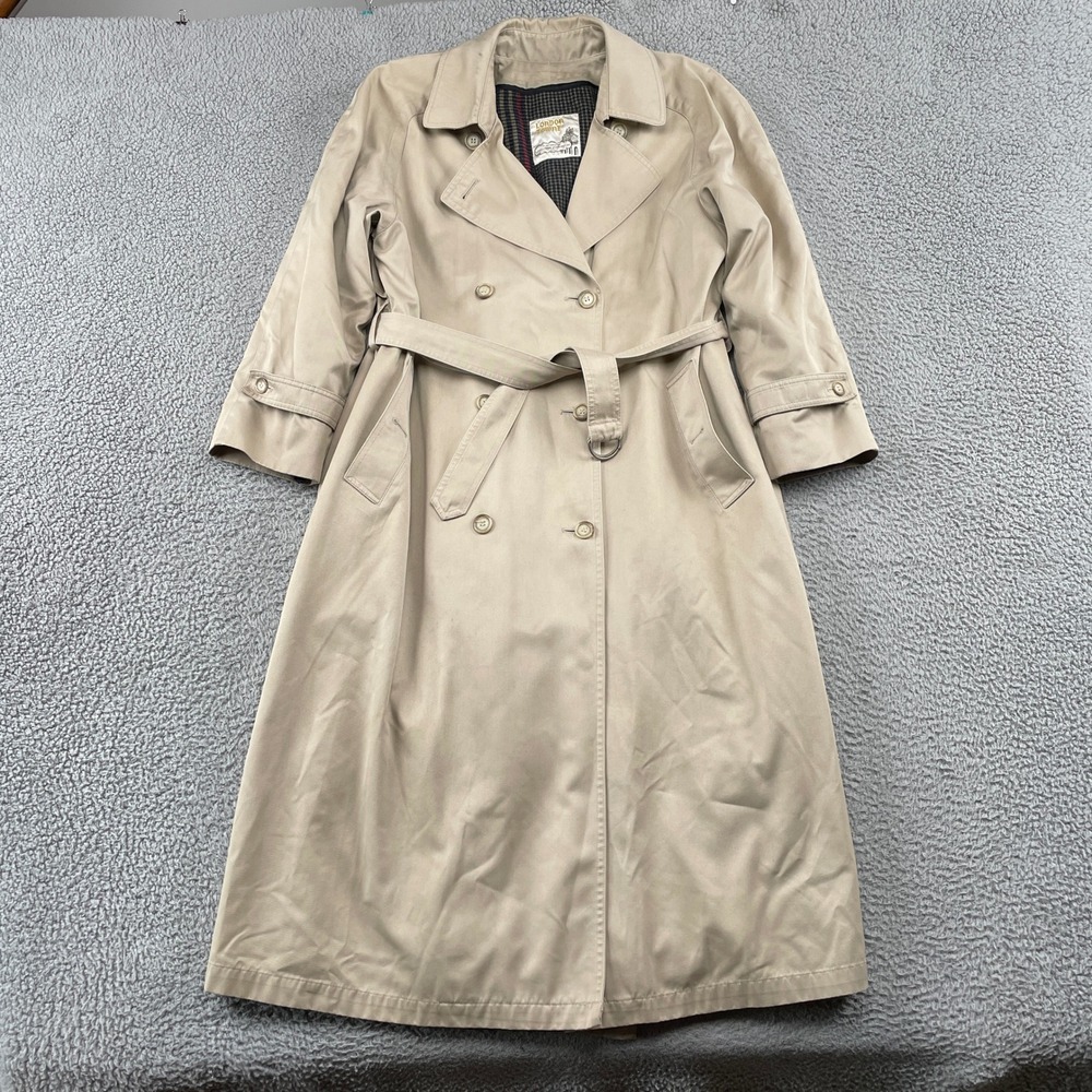 London Towne Trench Coat Womens 8 Tan Double Breasted Plaid Liner Belted Classic